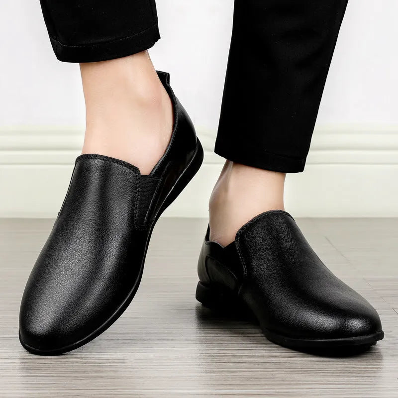 Men's black and brown leather business shoes with round toe design on size chart