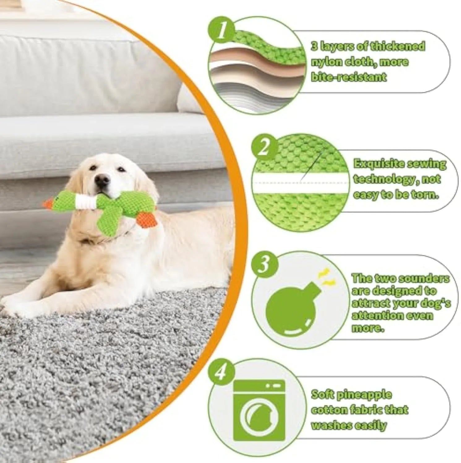 Blue, green, or grey duck-shaped plush dog toy with two squeakers.