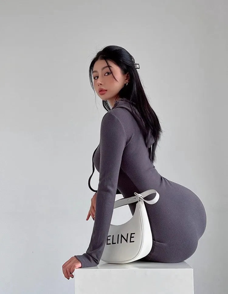 Women's long sleeve hooded sheath dress in light grey, a pullover style with a high waist.