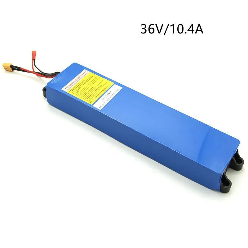 A 36V lithium battery pack for electric scooters, showing three capacity options: 6.6A, 7.8A, and 10.4A.