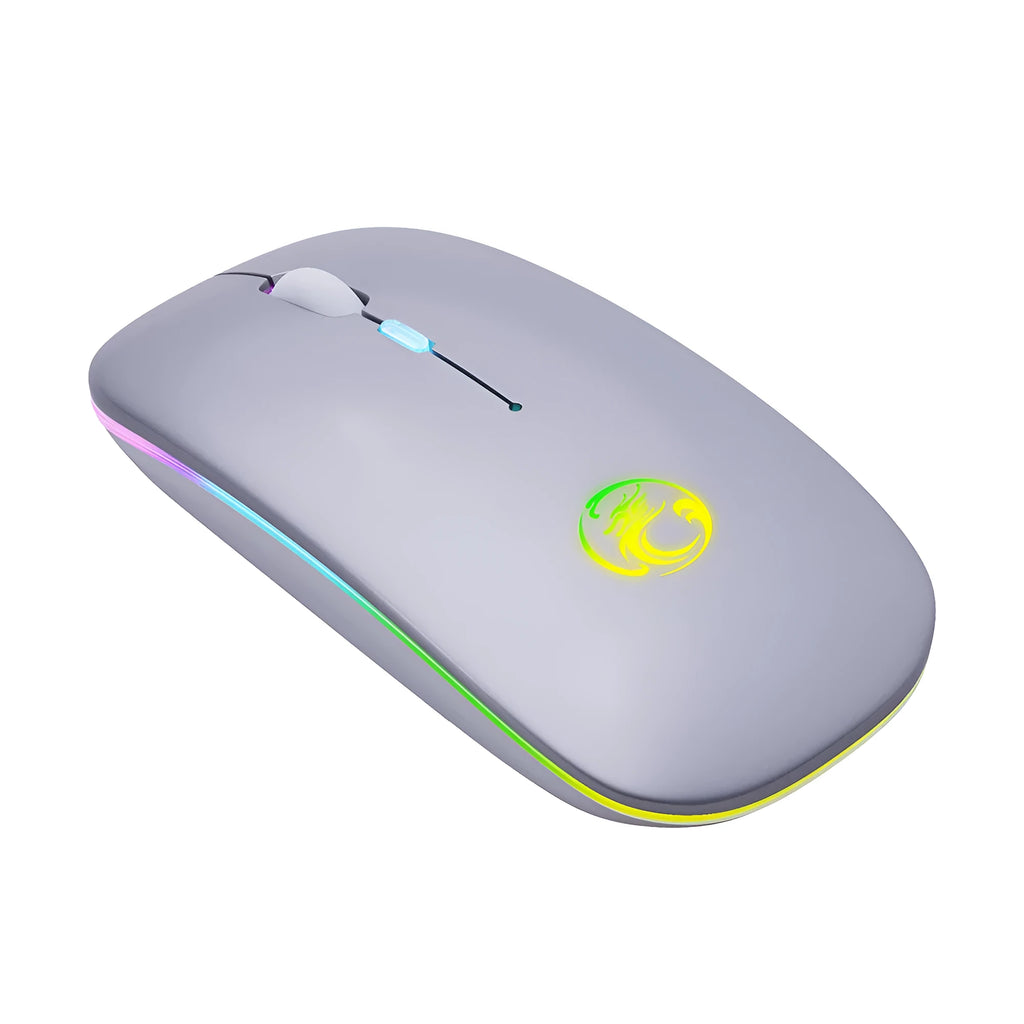 White rechargeable dual-mode silent wireless mouse with blue scroll wheel light on a wooden desk