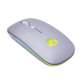 White rechargeable dual-mode silent wireless mouse with blue scroll wheel light on a wooden desk