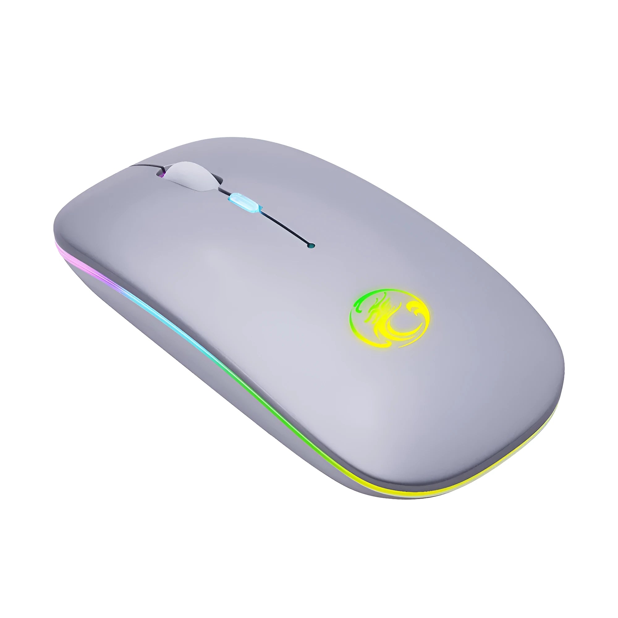 White rechargeable dual-mode silent wireless mouse with blue scroll wheel light on a wooden desk