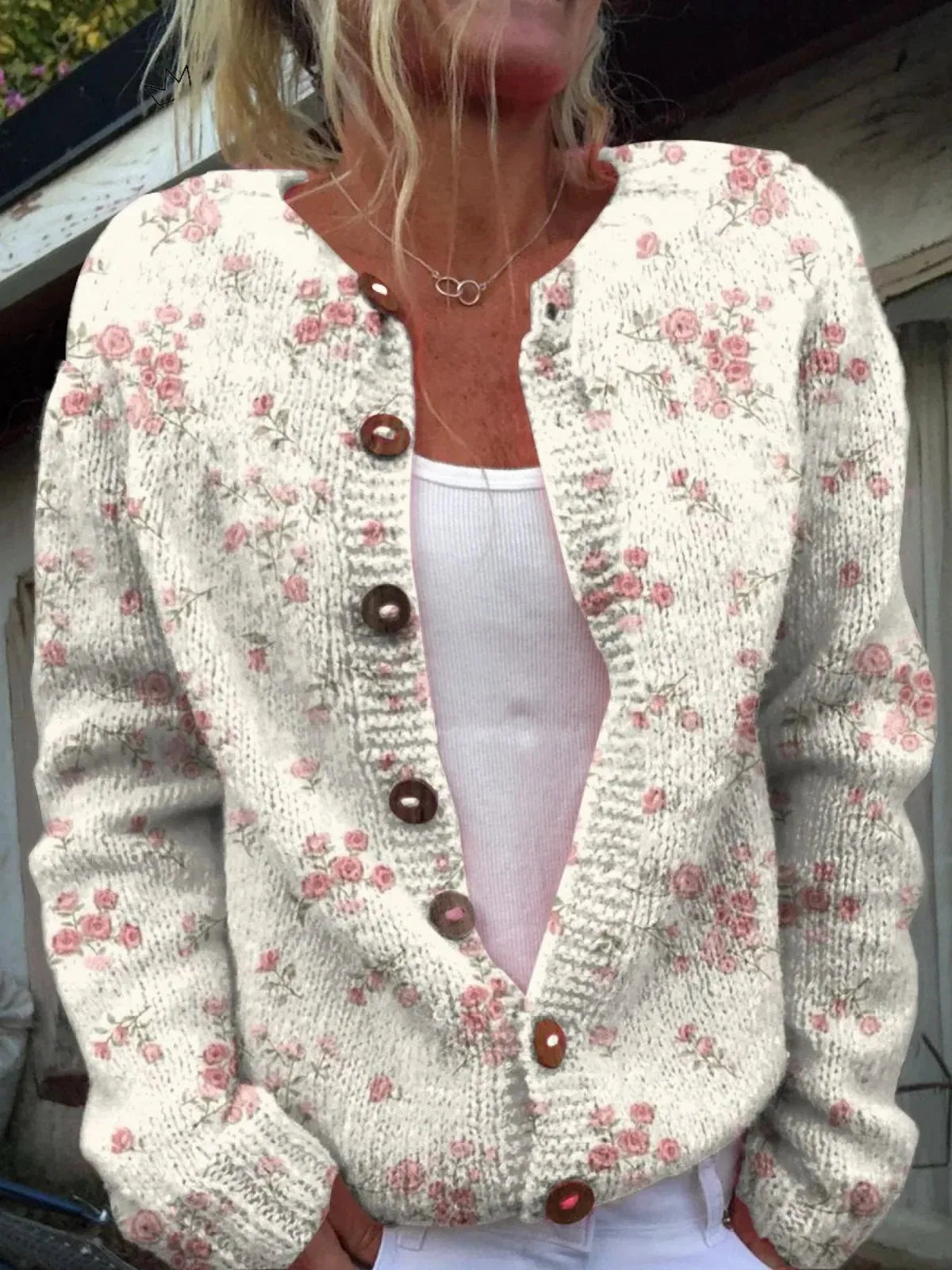 Women's digital printing cardigan coat in polyester fabric showing pattern detail and cardigan style