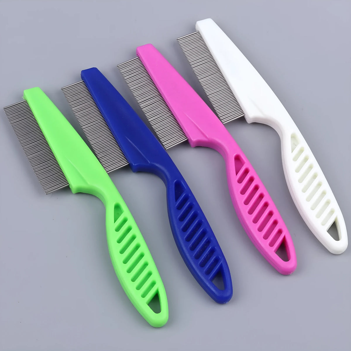 Fine teeth dog grooming comb in stainless steel, large 18.5cm or small 14cm, blue green pink or white