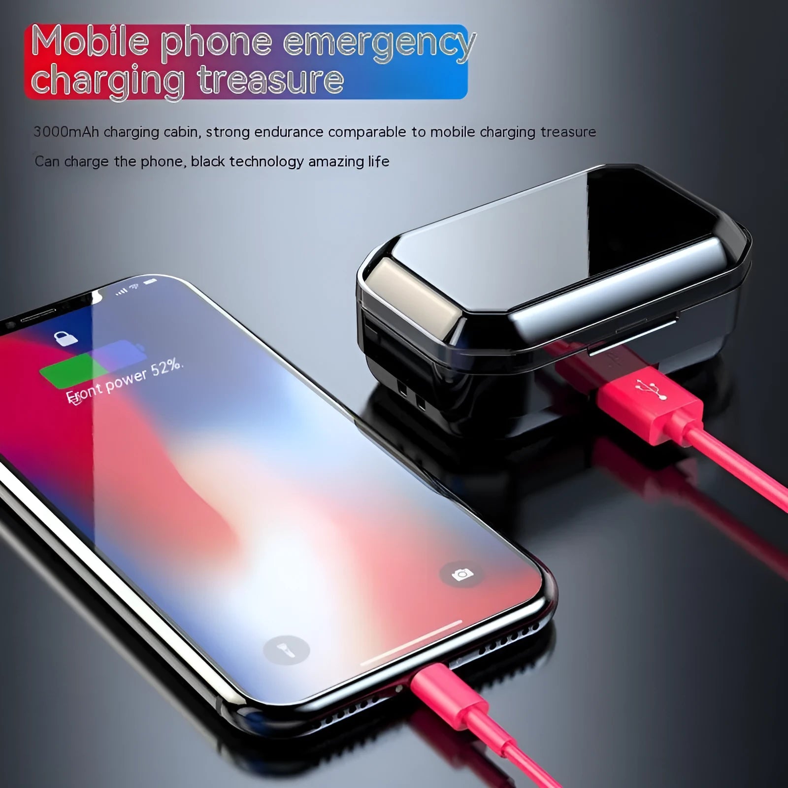 Black wireless Bluetooth earbuds with charging box, 120-hour battery, and power display