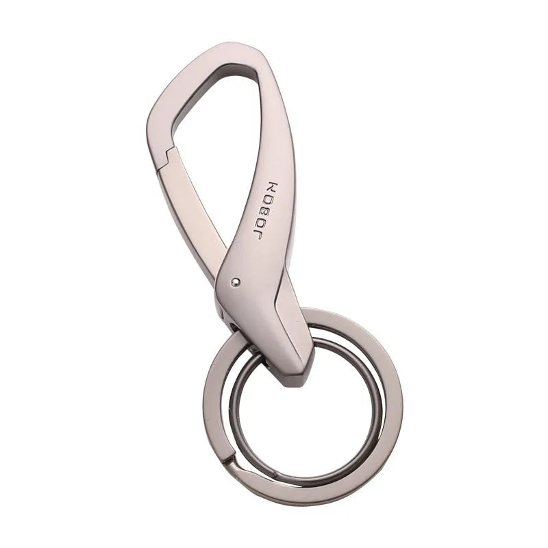 Zinc alloy car key waist hanging double ring keychain in black, chrome, or nickel colour, measuring 8.3 by 3.5 cm.