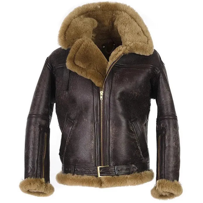Men's brown retro faux fur coat with synthetic leather construction and side pockets