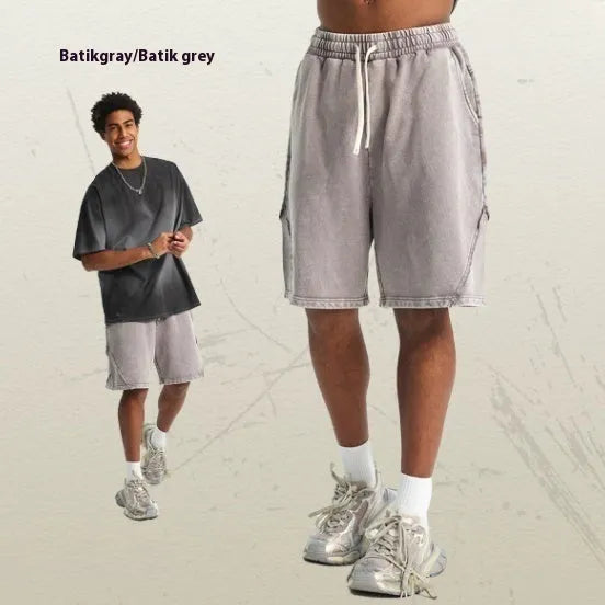 Men's batik washed cotton terry shorts in loose fit street fashion style