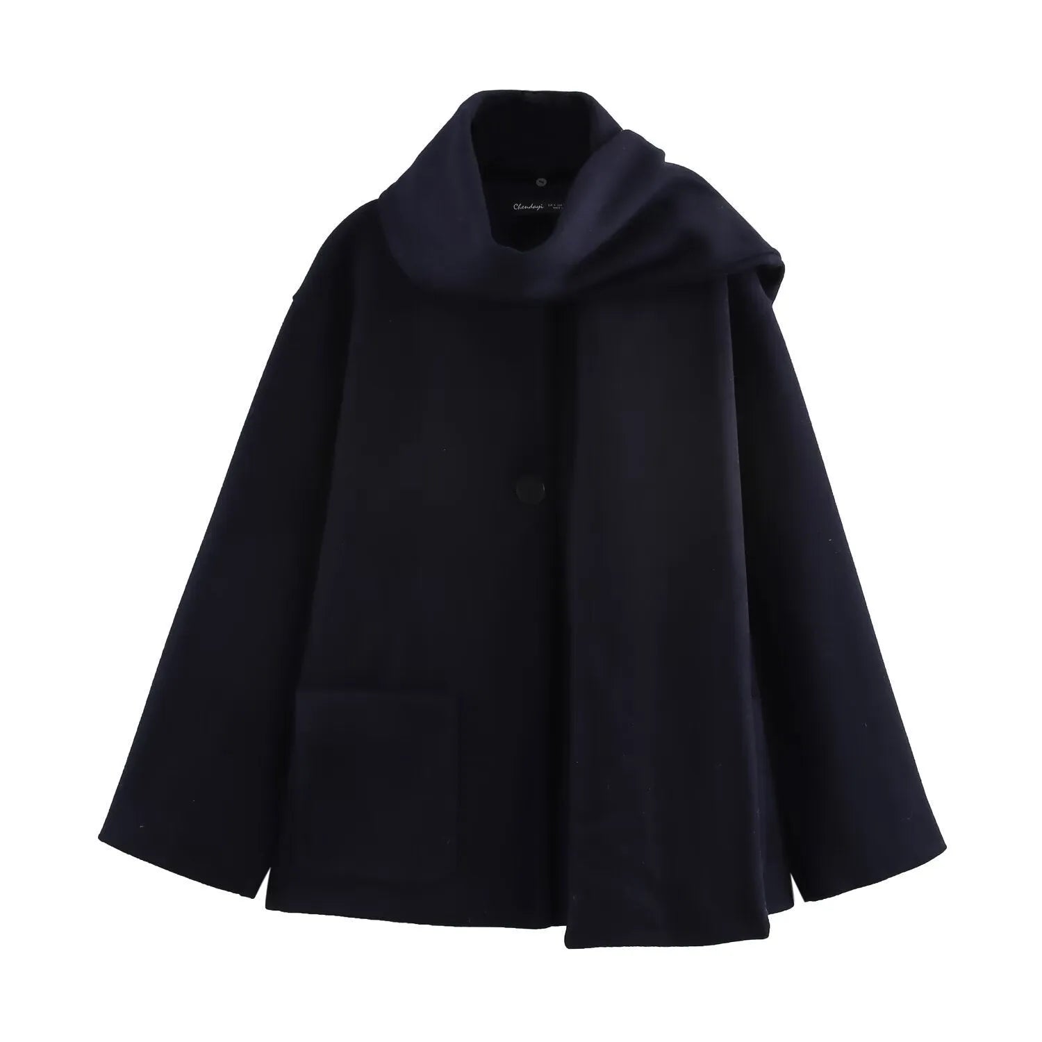 Women's long black polyester overcoat with a detachable artificial fur collar in a street fashion style.