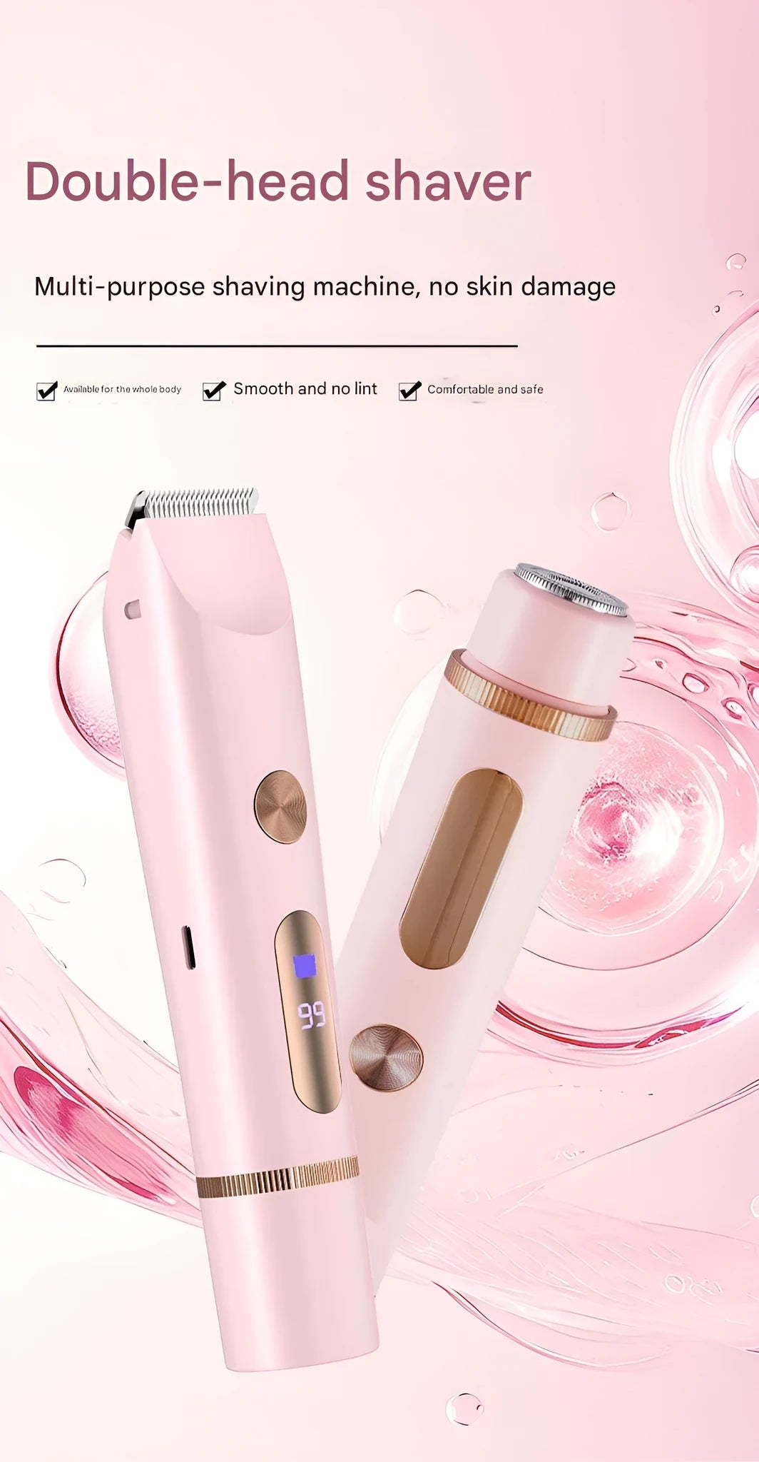 Women's cordless hair trimmer in pink, blue, and purple for dry and wet use