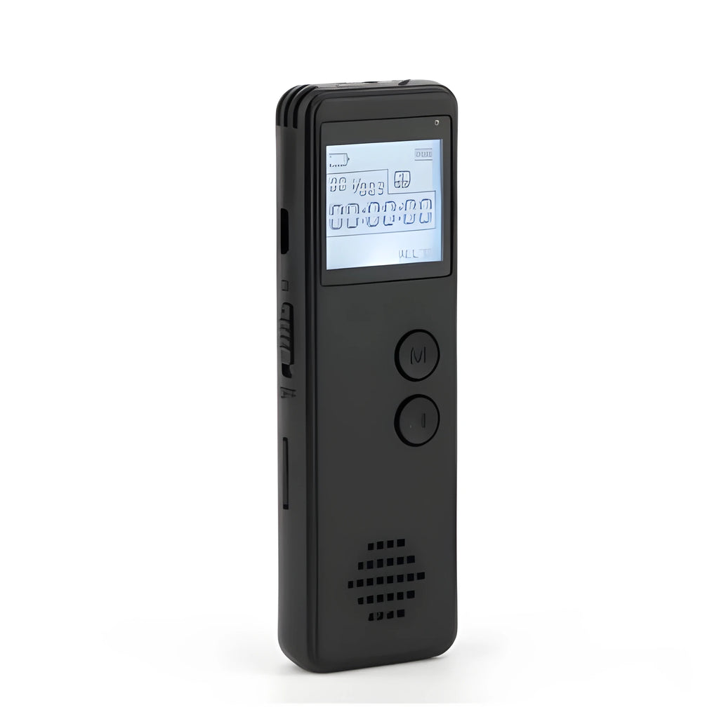 A black, matte-finish digital voice recorder showing a segmented code screen, with dimensions of 88mm by 33mm.