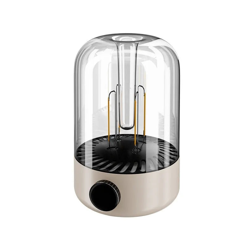 Beige and black camping ambience light with control knob and USB port for outdoor lighting