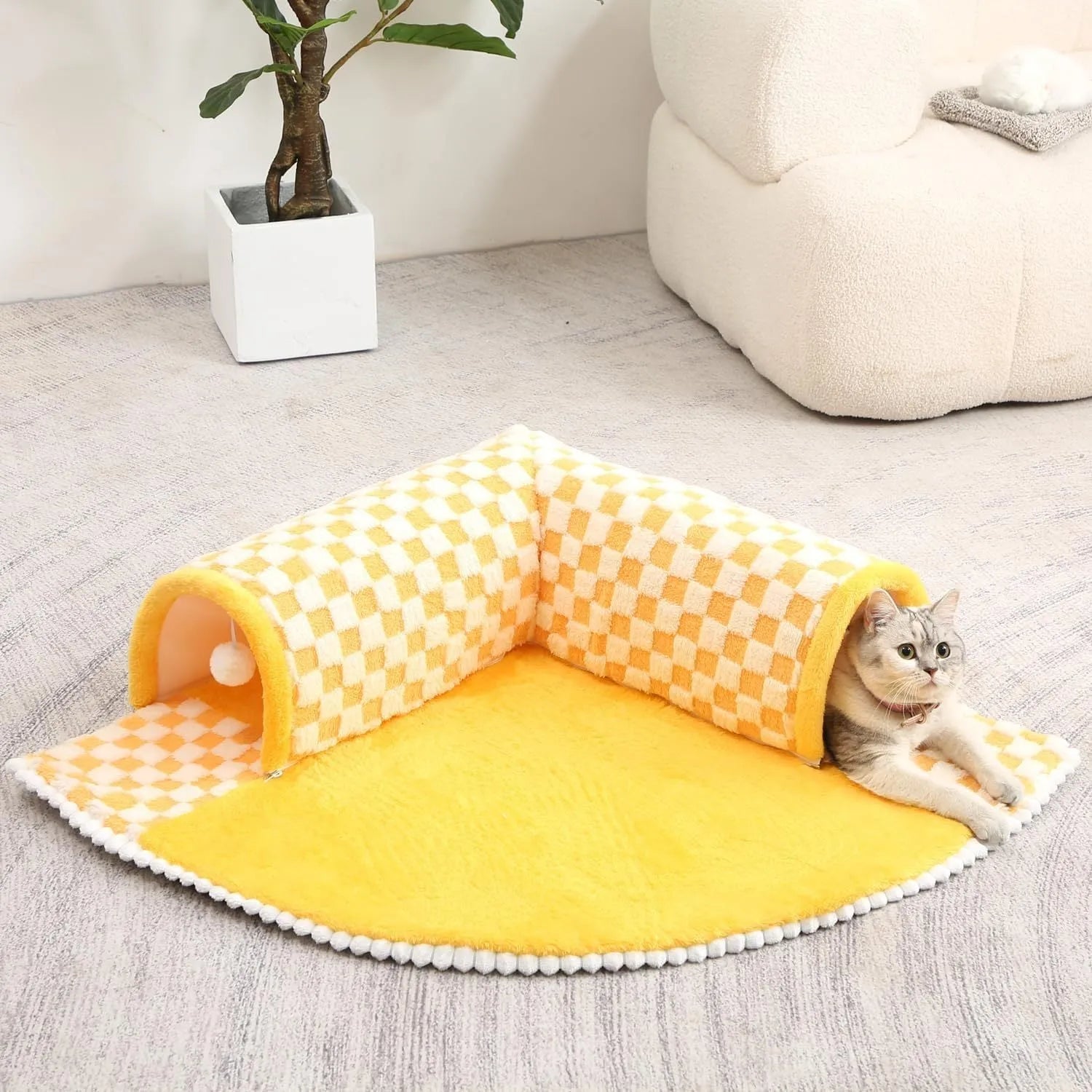 XL coffee and yellow plush 2-in-1 pet bed with a sleeping mat and attached tunnel, showing anti-slip base.