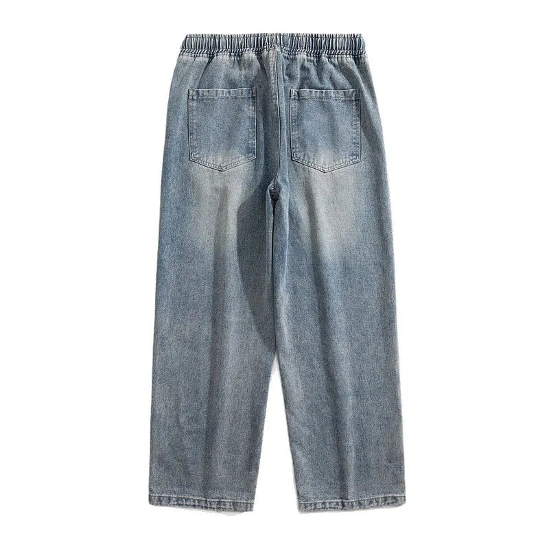 Hong Kong style retro heavy wash distressed loose jeans in blue cotton for teenagers