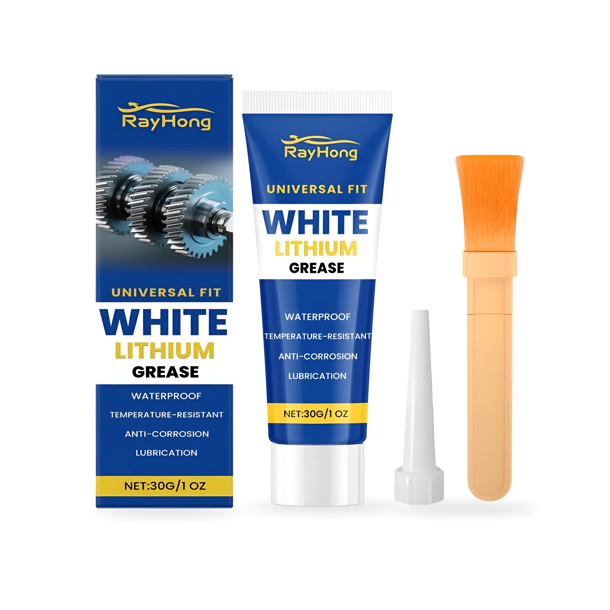 30g tube of white lithium grease with a small application brush and plastic dispensing tip.