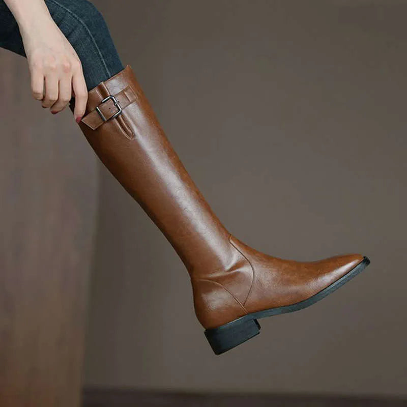 Black or brown knee high boots with low chunky heel and round toe, microfiber upper, sizes 35-40.