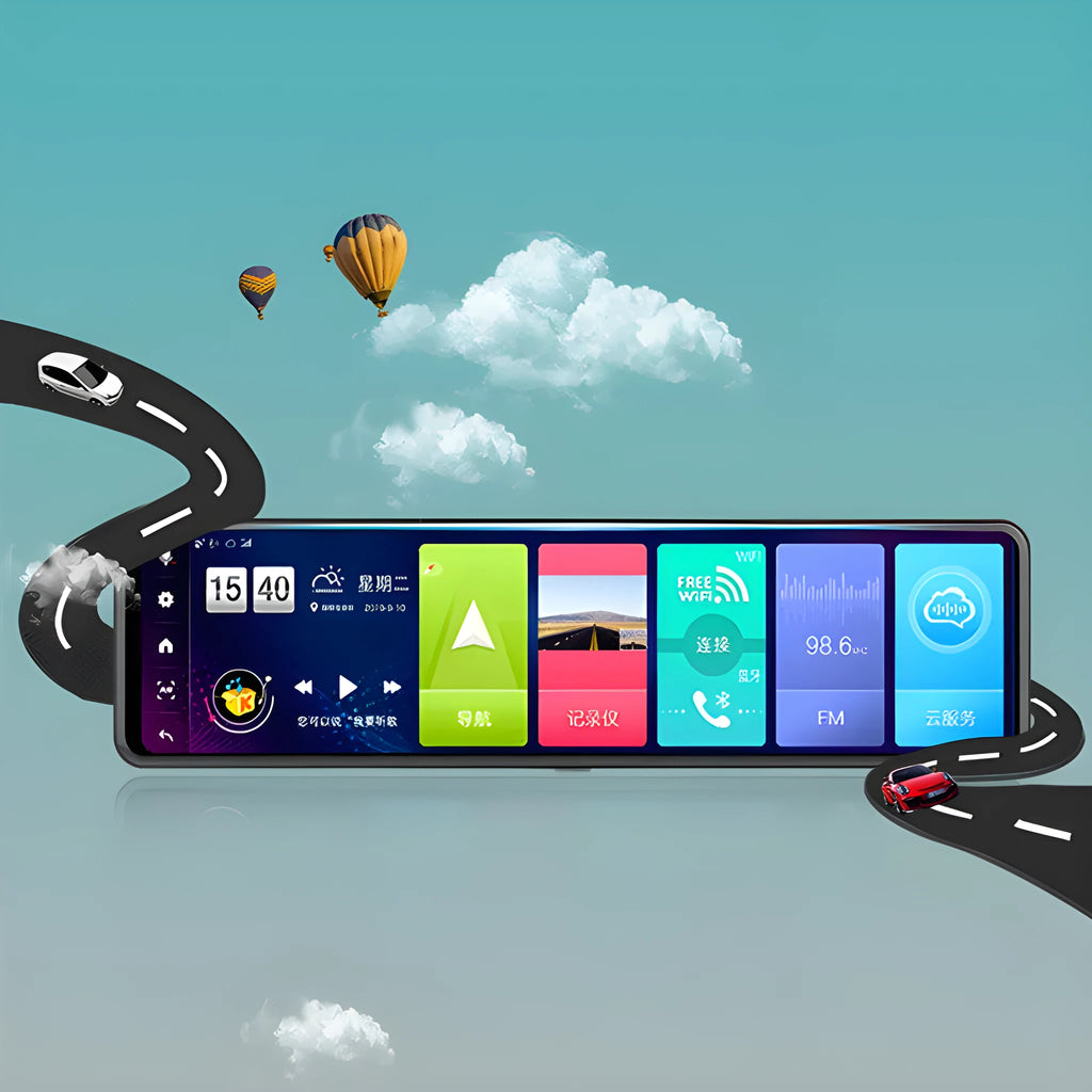 Black rearview mirror style dashboard camera with wide-angle lens and touch screen display.