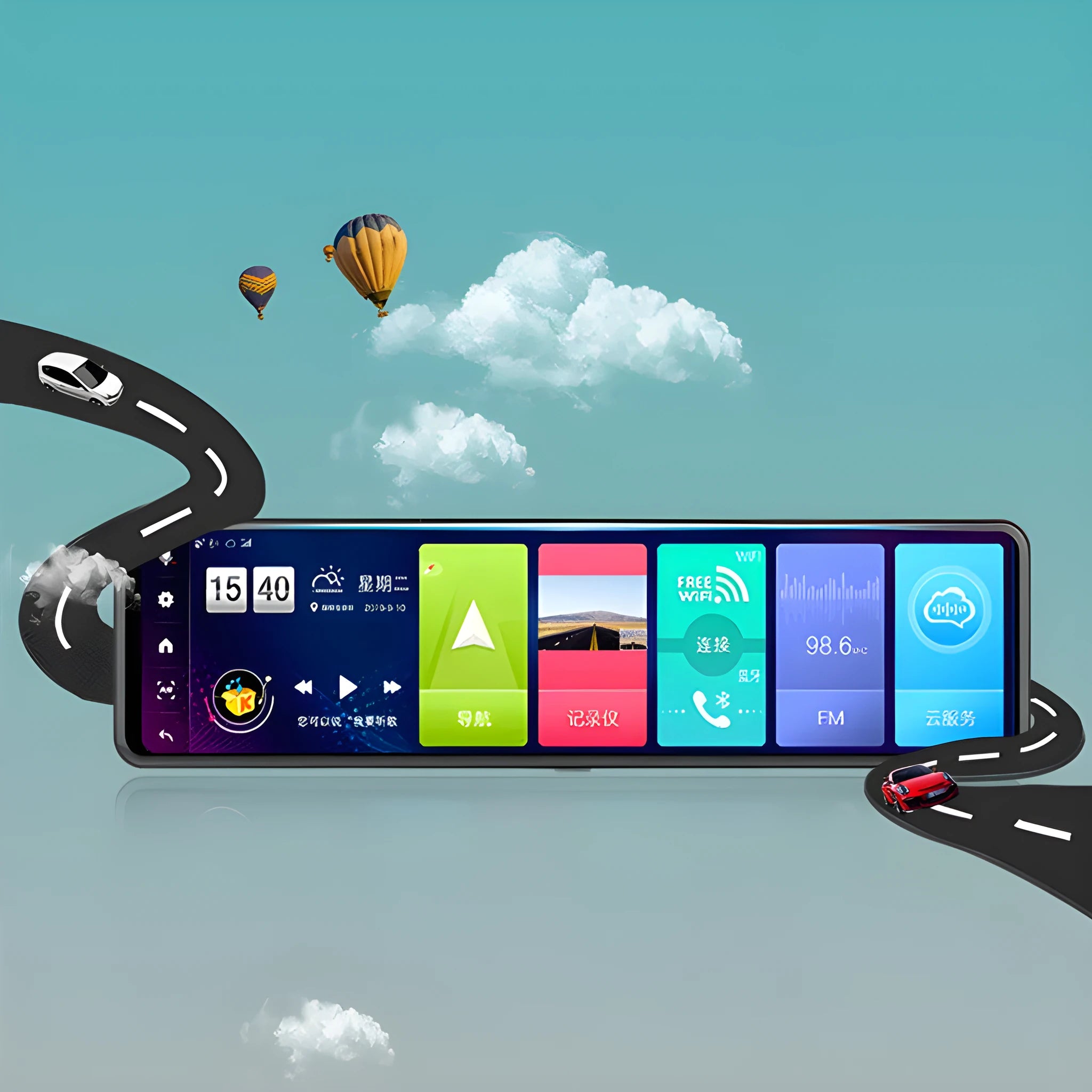 Black rearview mirror style dashboard camera with wide-angle lens and touch screen display.