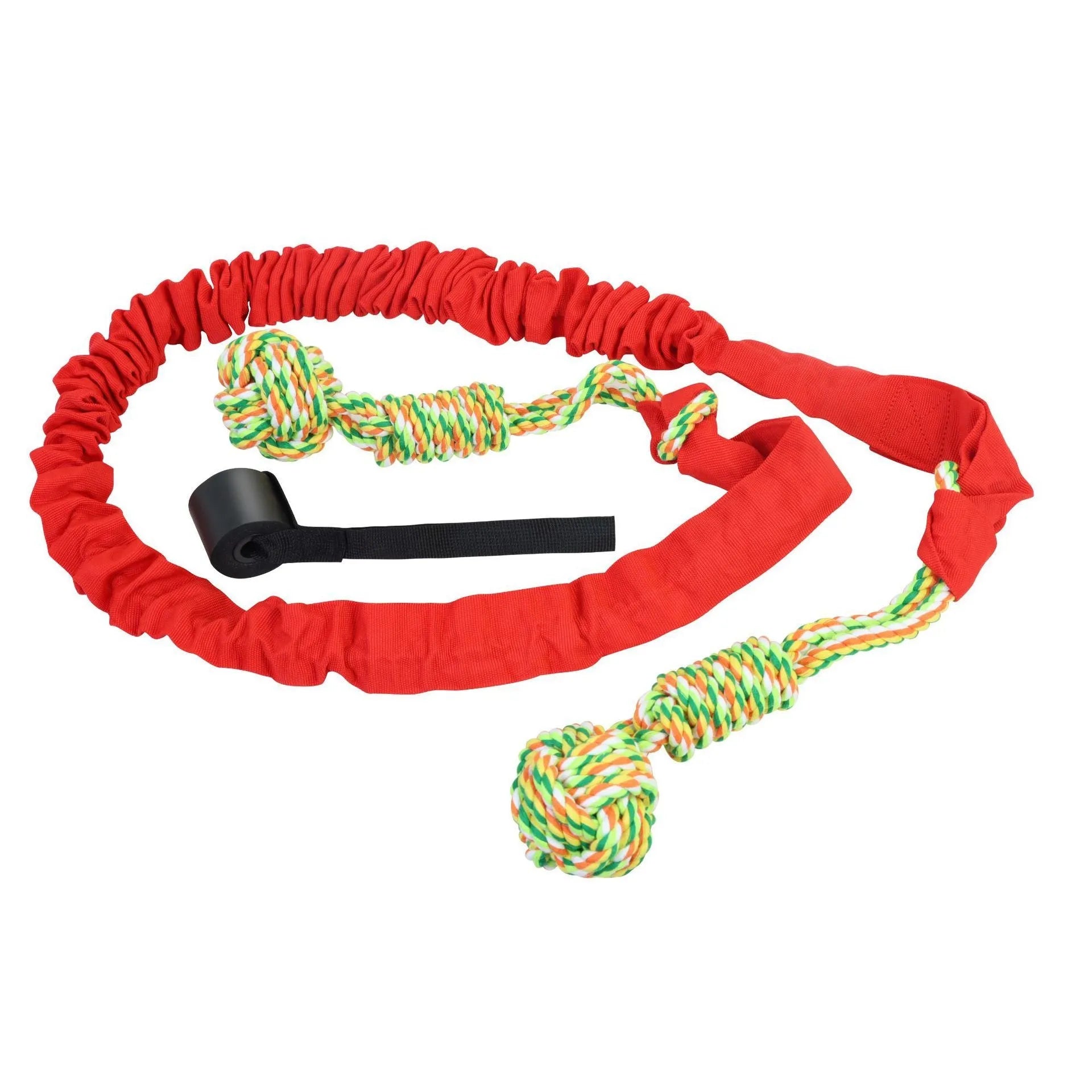 Braided cotton dog tug-of-war rope toy in red, shown with a dog gripping one end.