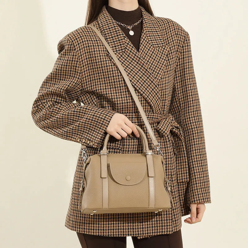 Genuine leather ladies handbag with contrast stitching in black, brown, or elephant grey