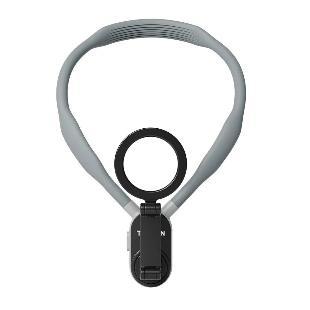 Grey silicone magnetic phone neck mount with aluminium strip and quick release magnetic plate