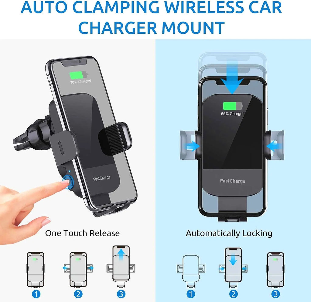 Black car wireless charging stand mounted on dashboard with phone charging