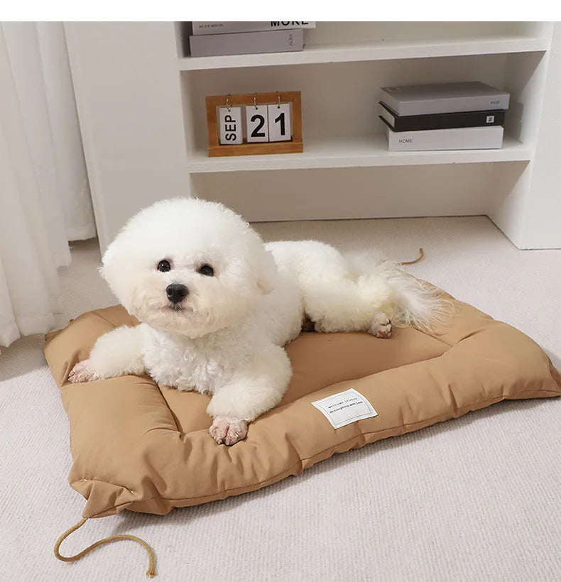 Tied cage cushion pet nest in beige, coffee or orange colours showing four size options for small dogs and cats