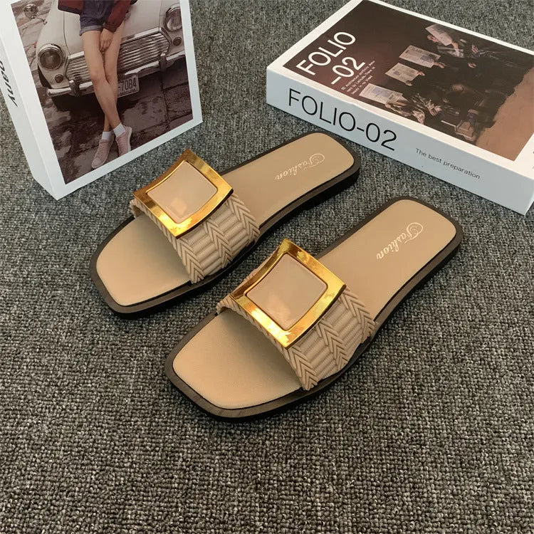 Women's casual flat summer slippers with PVC soles in apricot, black and khaki colour options