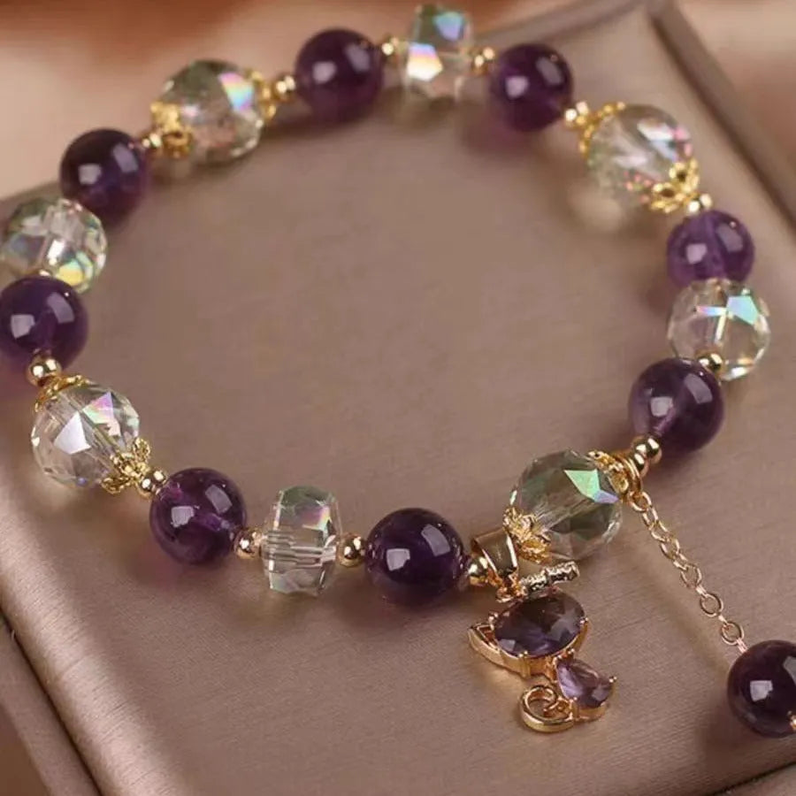 Women's natural amethyst crystal bracelet with nine-tailed fox pendant and leaf flower charm
