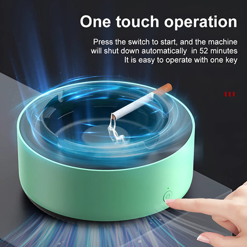 Grey electronic air purifier ashtray with cigarette butt grooves on a table