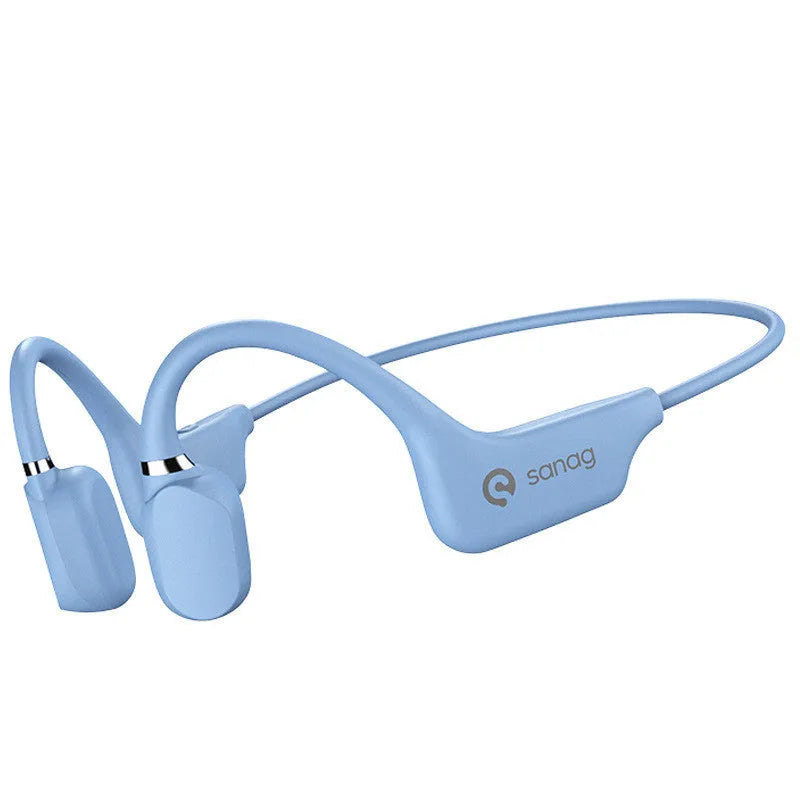 Bone conduction Bluetooth sports headset hanging around a neck, shown in multiple colour options.