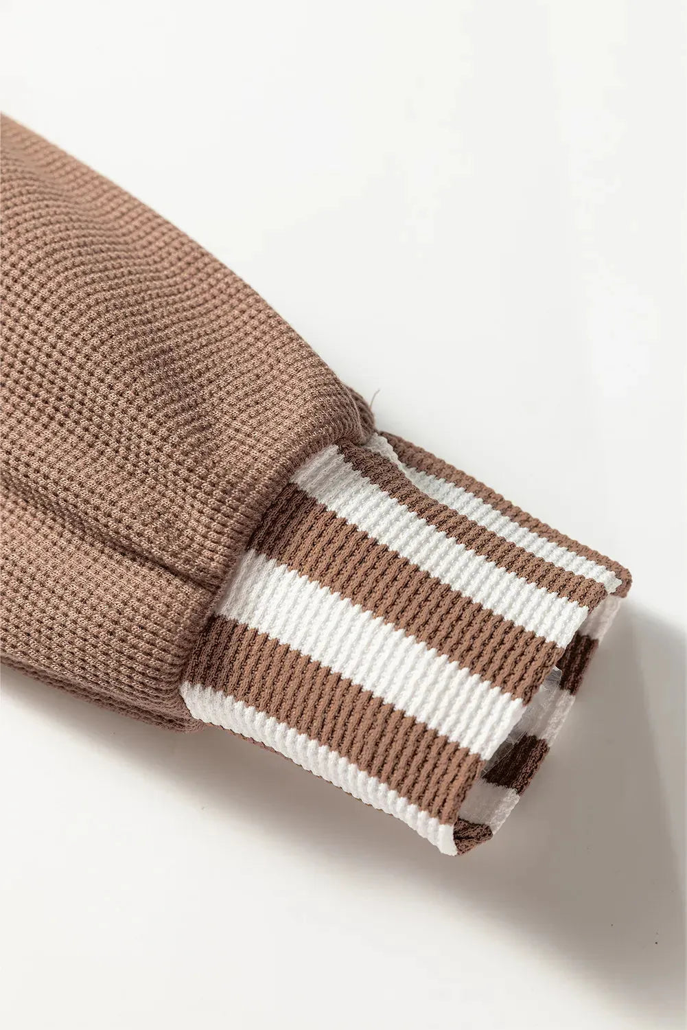 Straw yellow striped patchwork hoodie with waffle texture, button neck, and drawstring waist.