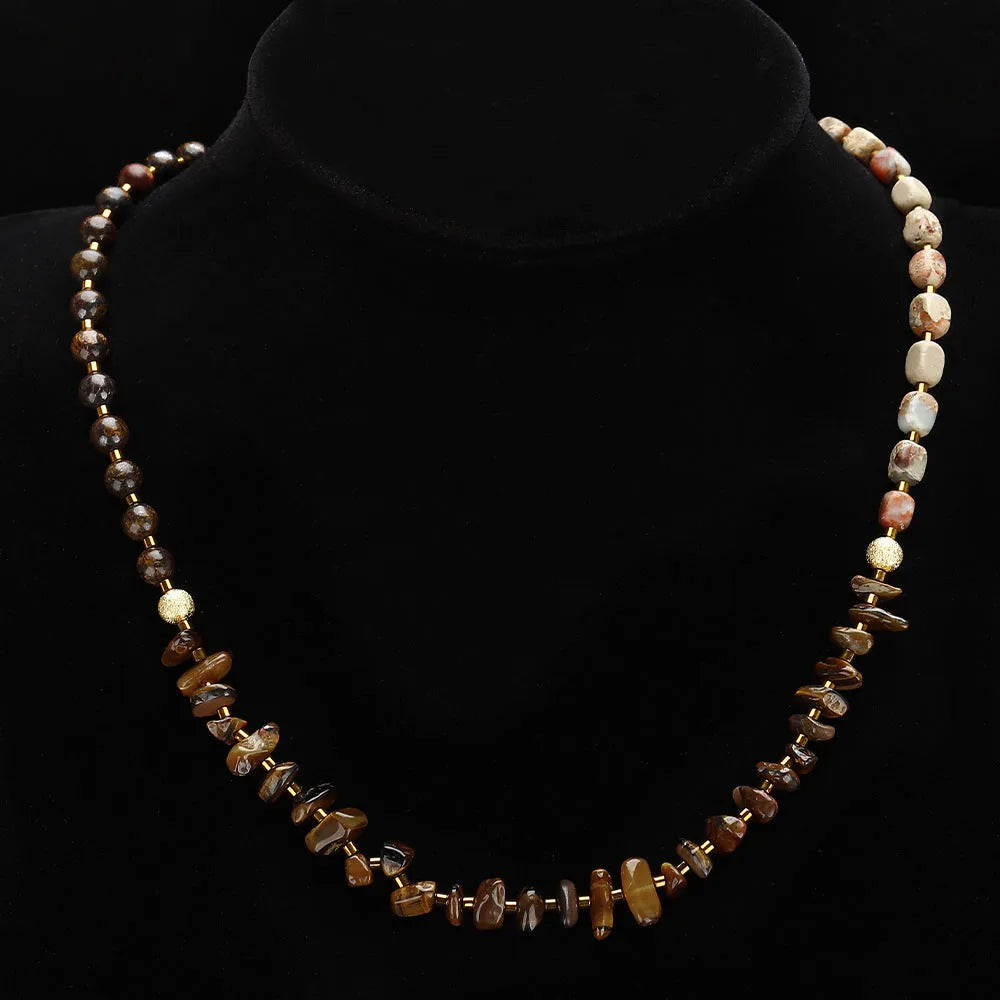 Handmade tigereye and bronze geometric bracelet with texture and hitch elements