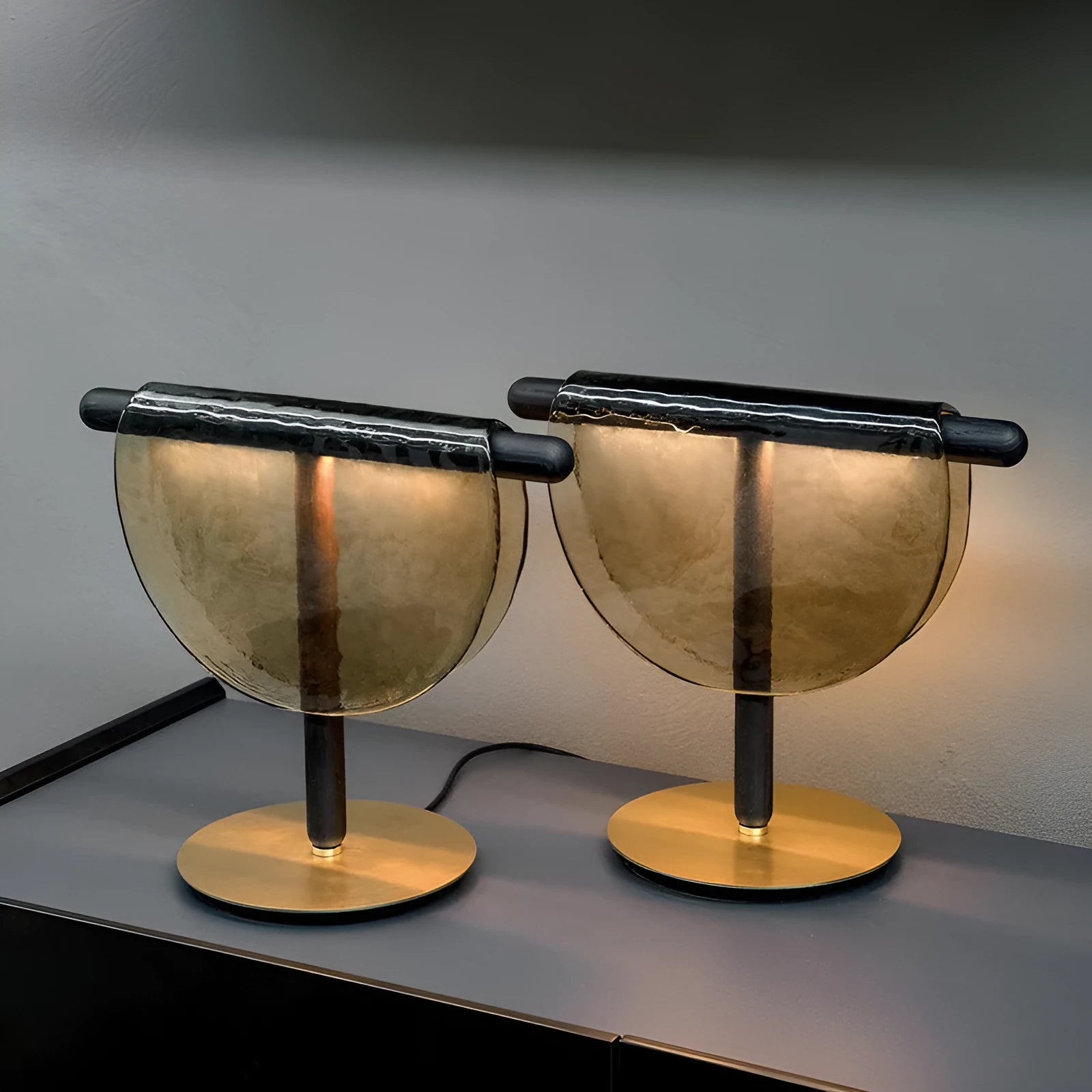 Post-modern art table lamp in Amber finish, 380x330mm, with hardware construction and UK plug