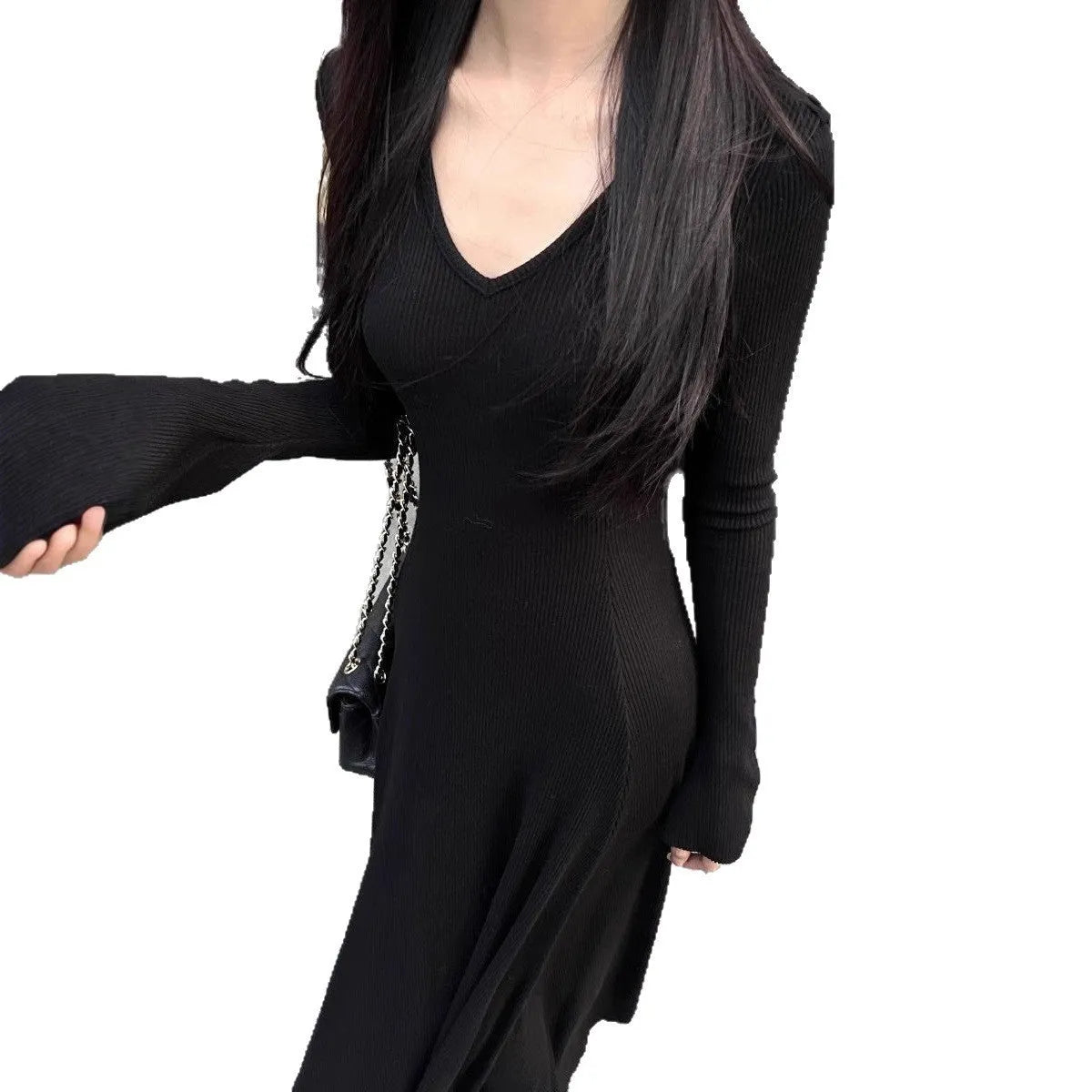Knitted women's high waist hooded long sleeve dress in solid colour with splicing detail