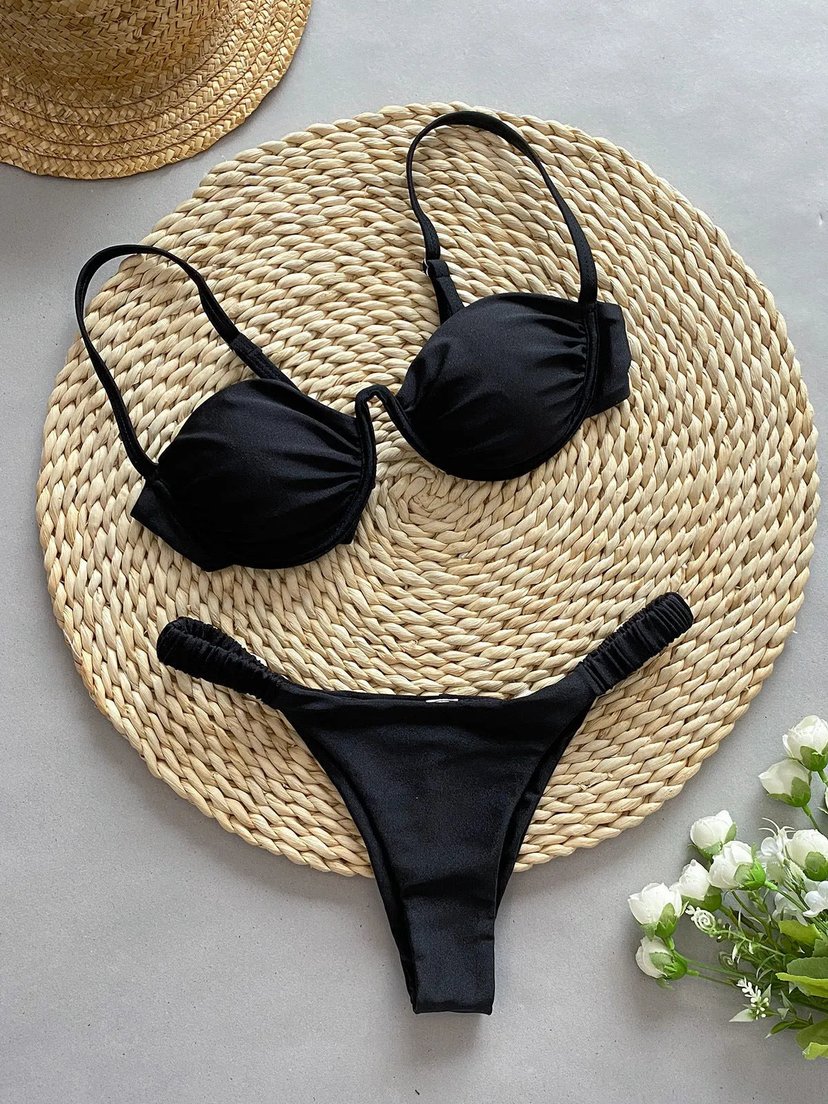 Women's underwire bikini swimsuit set in Khaki, White, or Black colours.