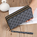 Retro-style long PU leather wallet clutch with printed design showing mobile phone compartment and zipper closure