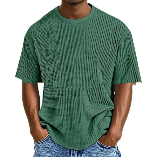 Waffle knit short sleeve t-shirt in cotton blend fabric showing textured fabric detail