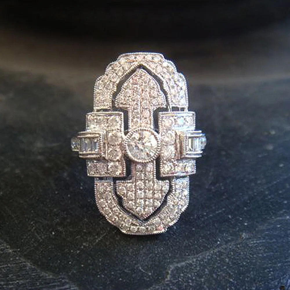 Geometric copper ring with full rhinestone zircon stones in F1438 white gold colour, unisex style, available in sizes no.6 to no.10
