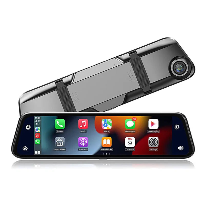 Black universal 9-inch car GPS navigation system with large touch screen and dual camera.