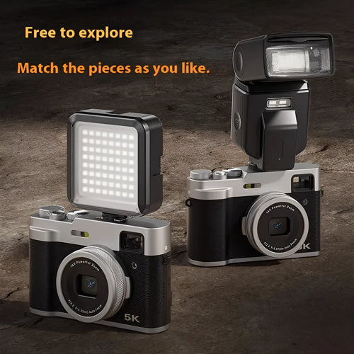 Black and brown 5K digital camera with dual lenses, a 2.88-inch screen, and an optical viewfinder on top.