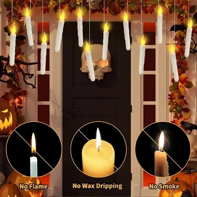 12 white floating LED candles with magic wand remote control and hanging hooks for Halloween decoration