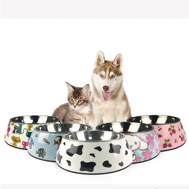 Stainless steel dog and cat bowl in four sizes with 17 colour patterns including cow print and blue cat