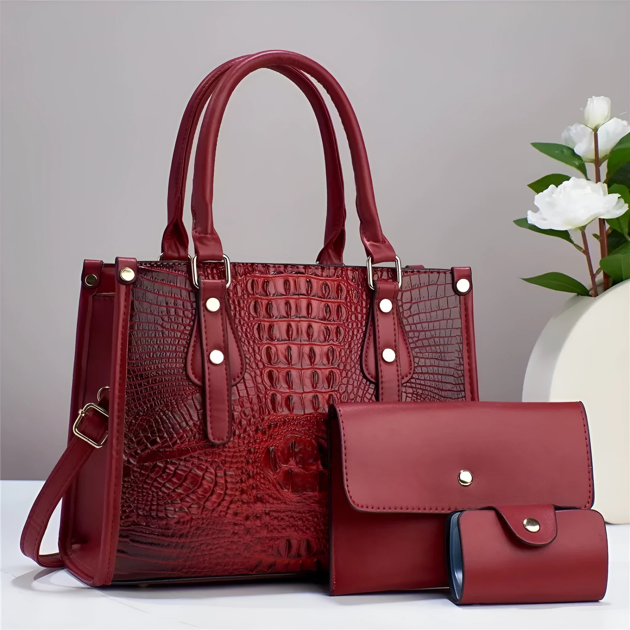 Contrast colour minimalist texture three-piece handbag set with crossbody bag, wallet and cardholder in PU leather