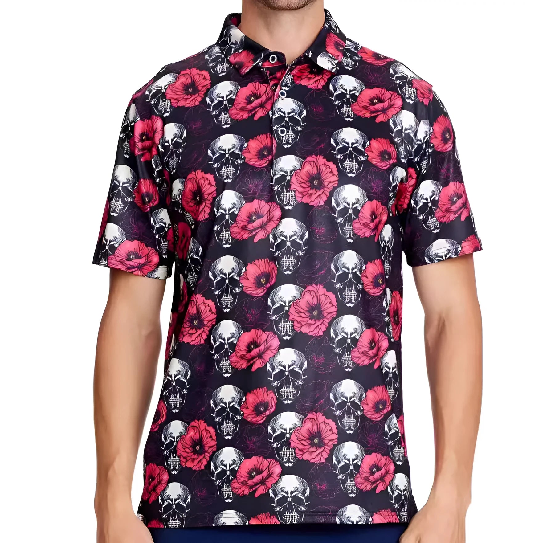 Man wearing a 3D printed short sleeve t-shirt with zipper decorations in a Japanese retro style.