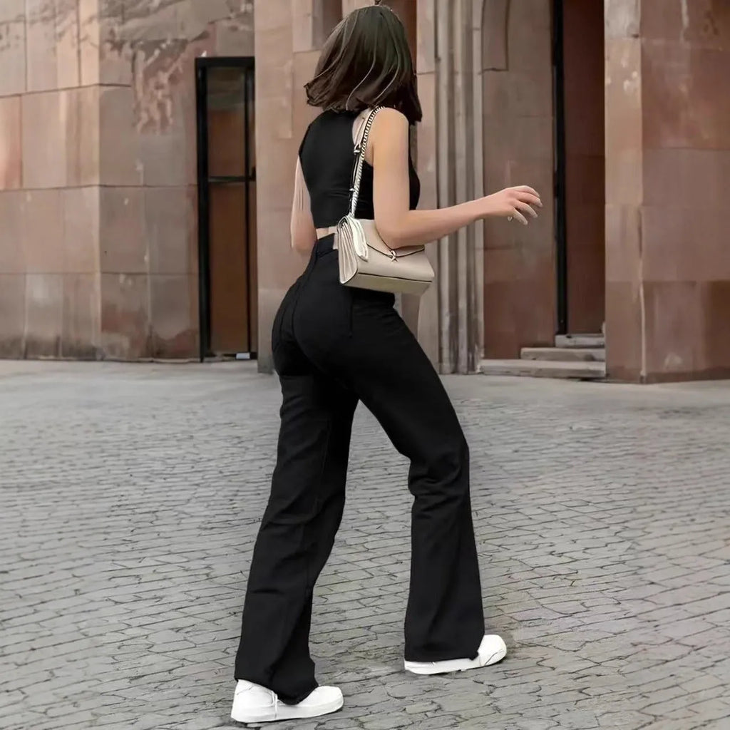 Women's black wash high-waist stretch denim straight-leg casual trousers
