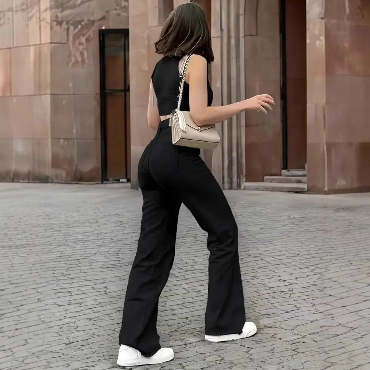 Women's black wash high-waist stretch denim straight-leg casual trousers