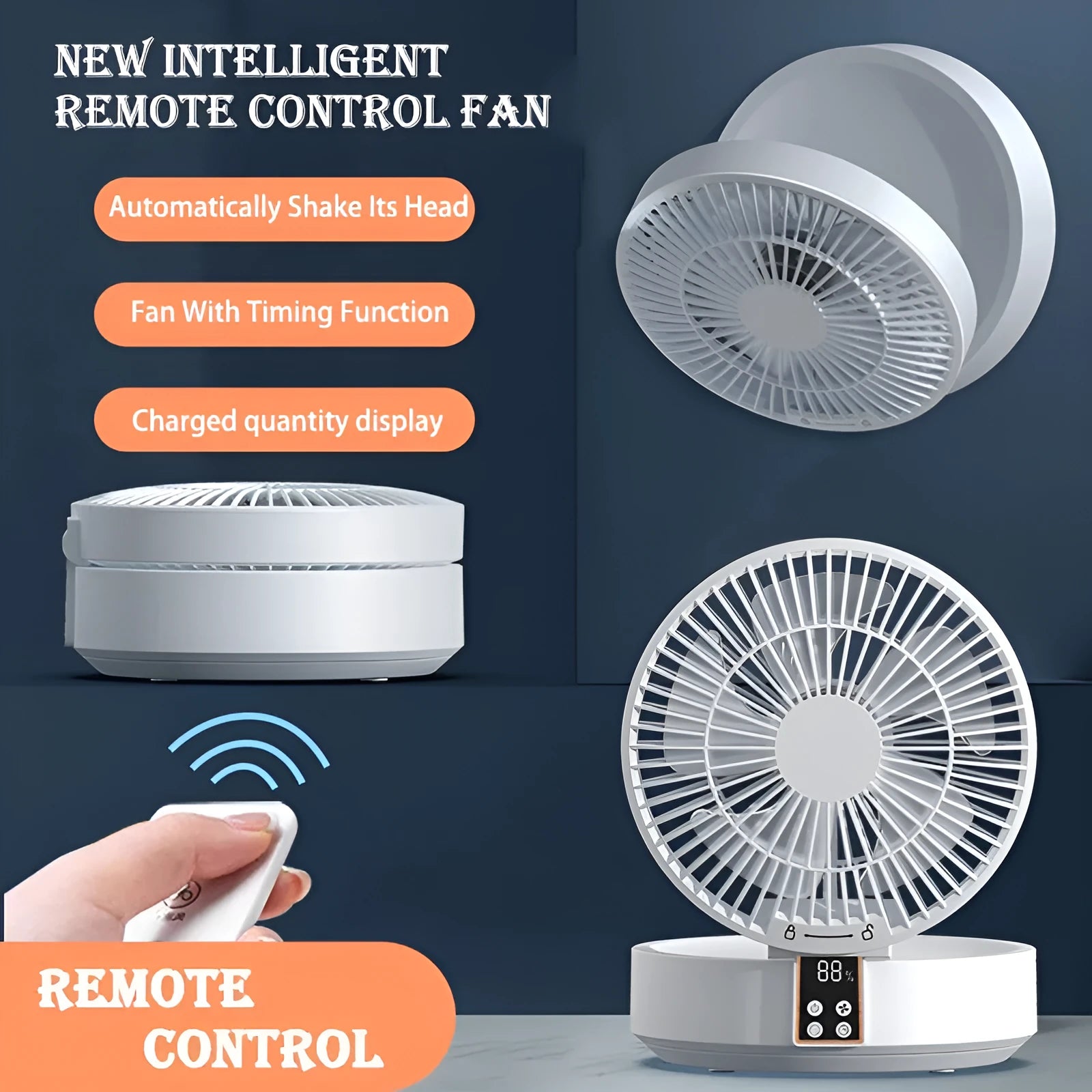 White portable folding fan with remote control showing 90° angle adjustment and detachable cover