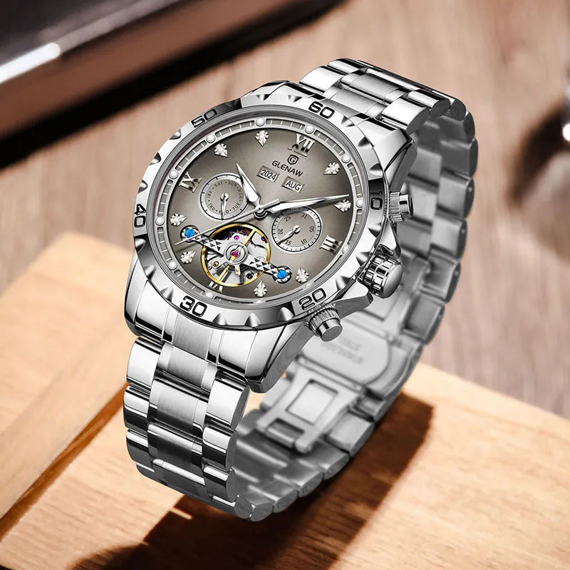 Men's automatic mechanical watch with stainless steel strap and silver case.
